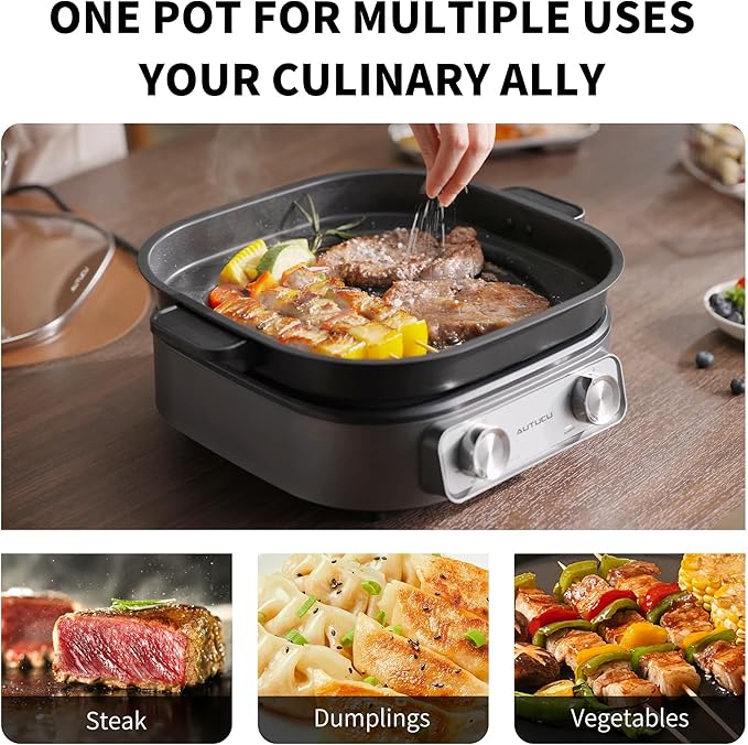 6-Quart Electric Skillet with Grill | Non-Stick PFOA-Free Ceramic-Coated Pot, 1600W, Timer & 3 Power Settings for Steak, Egg, Ramen (Includes Grill Tongs) Pot & Grill
