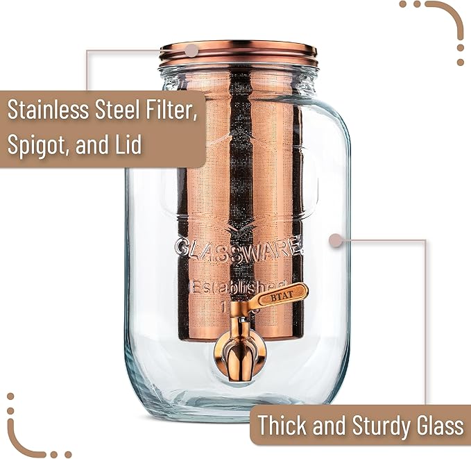 Brew To A Tea Cold Brew Coffee Maker, 1 Gallon, Rose Gold, Mason Jar, 16 Servings