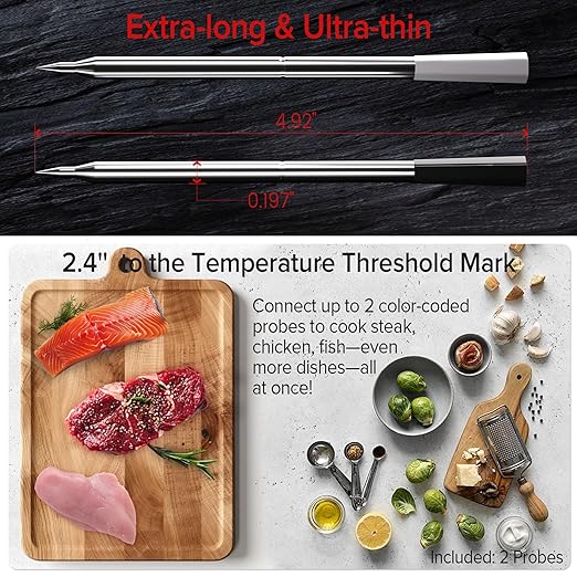 Niitawm Wireless Meat Thermometer, Smart Bluetooth Food Thermometer with Dual Probes, IP67 Waterproof 48H Monitoring App Thermometer for 820FT Long Range BBQ Air Fryer, Oven Grill, Cooking Gift
