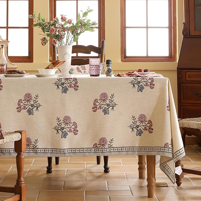 ISAENNE Designer Linen Light Beige Extra Long Table Cloth Rectangle,French Colorful Floral Tablecloth,Stain Resistant Decor Tablecloths for Dining Thanksgiving Kitchen,67"*118"-Helena E