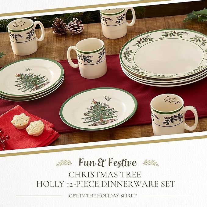 Spode Christmas Tree 12-Piece Dinnerware Set (Service for 4) - Festive Holiday Tableware with Plates & Mugs - Fine Earthenware Christmas Dinnerware - Microwave & Dishwasher Safe