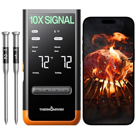 ThermoMaven Wireless Bluetooth Smart Meat Thermometer: Standalone Base, Smart WiFi Thermometer with Sub-1G, 6 Sensors NIST Certified Accuracy, 2 Probes, for BBQ, Grill, Oven, Smoker, Rotisserie