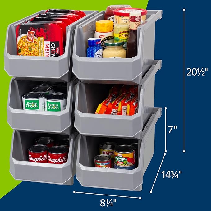 Plastic Containers for Organizing and Storage Bins for Closet, Kitchen, Office, Garage or Pantry Organization, Stackable Bins, Large (14.8" x 8" x 7"), 6-Pack, Grey