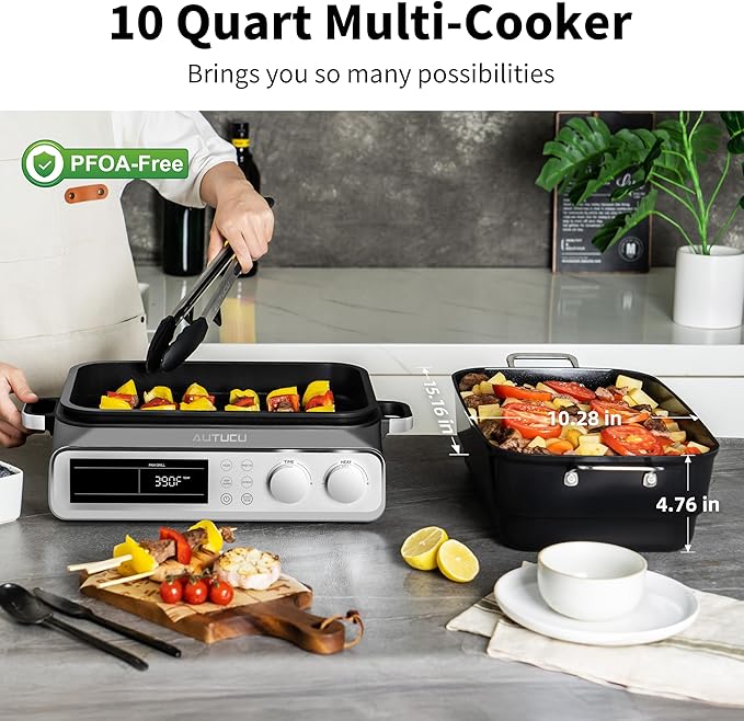 N21NA Pro Slow Cooker 10 Quart, 8-in-1 Programmable PFOA-Free Ceramic Coated Multi-Cooker with Grill Pan, Steaming Plate (Includes Silicone Spoon & Tongs)