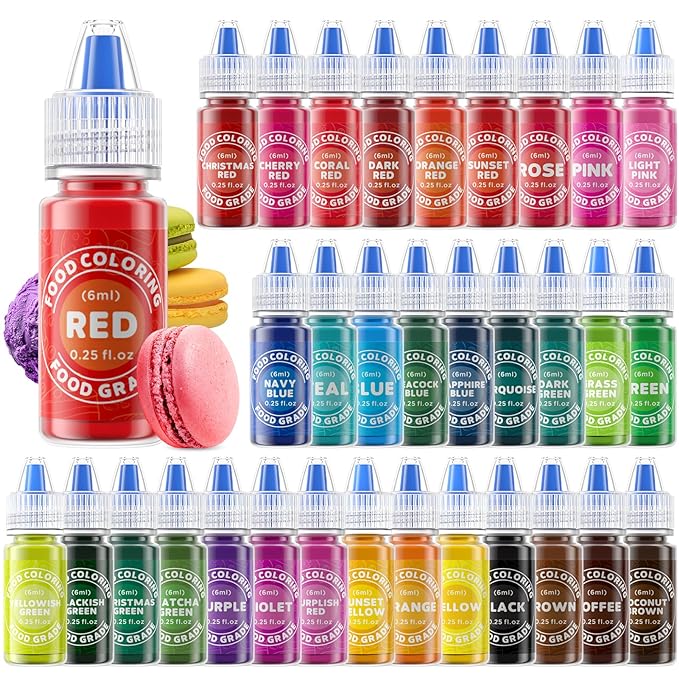 Food Coloring - 33 Food Grade Vibrant Colors Food Coloring Liquid Set, Food Dye Color for Baking, Icing, Cookie, Cake Decorating, Easter Egg, DIY Making Supplies Kit (0.25 Fl Oz (Pack of 33))