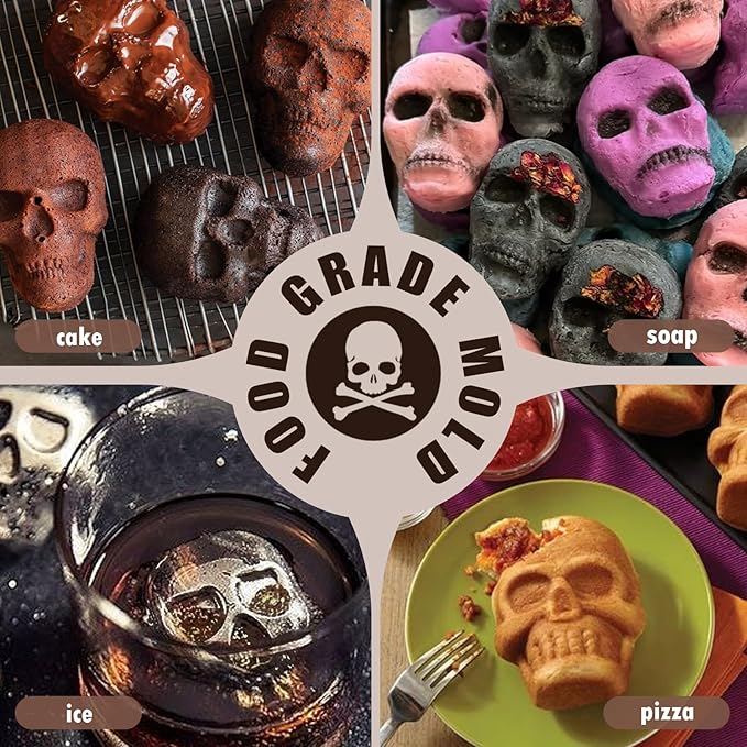 HKNMTT Skull Silicone Baking Pan for Halloween Pizza Cake, 6 Cavities 3D Large Molds, Nonstick Skeleton Head for Soap Ice Tray Oven Safe