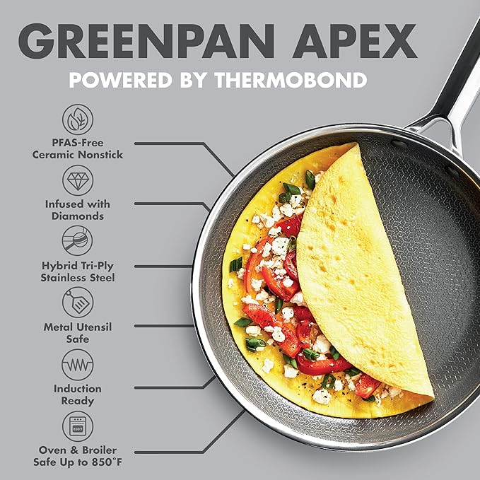 GreenPan Hybrid 10” Nonstick Stainless Steel Frying Pan, APEX Tri-Ply Thermobond PFAS-Free Ceramic Skillet, Induction & All Cooktop Compatible, Oven Temp to 850°F, Dishwasher Safe, Silver