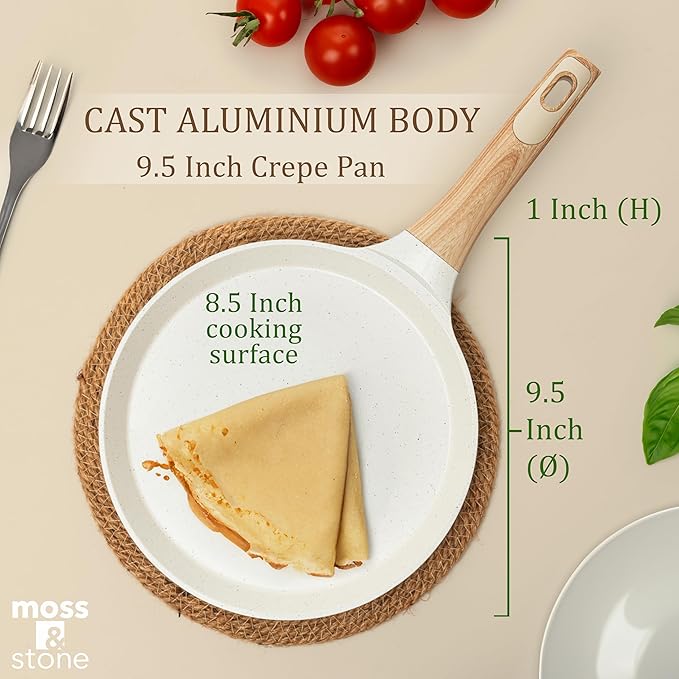 Moss & Stone 9.5-Inch Nonstick Crepe Pan with Spreader – Ceramic Dosa Tawa, Flat Skillet for Roti, Pancakes, Tortillas – Induction Compatible, Nonstick Pancake Pan for Stovetop Use, White