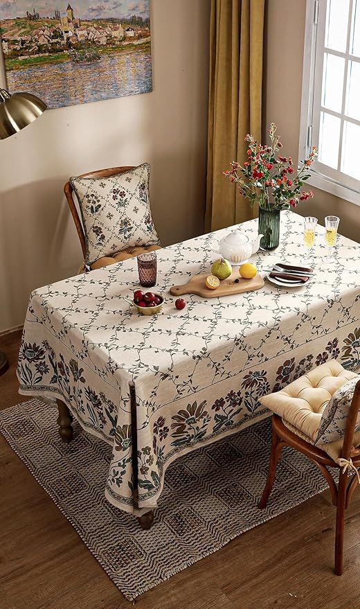 patdrea Designer Linen French Tablecloth for Rectangle Table,Fall Country Breathable Floral Tablecloths,Table Cover for Kitchen Dining,Tea Party,Christmas,Thanksgiving,55"x79"-Oliveirad