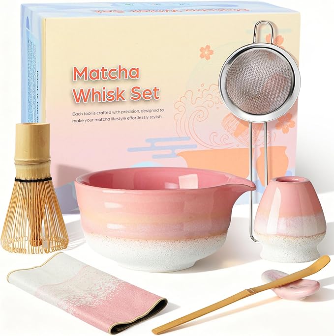 Matcha Whisk Set, Ceramic Matcha Set Desert Series, Matcha Bowl, Matcha Whisk and Holder, Bamboo Scoop, Scoop Rest, Sifter and Tea Towel 7 Pcs Matcha Kit for Birthday Christmas Gift (Pink)