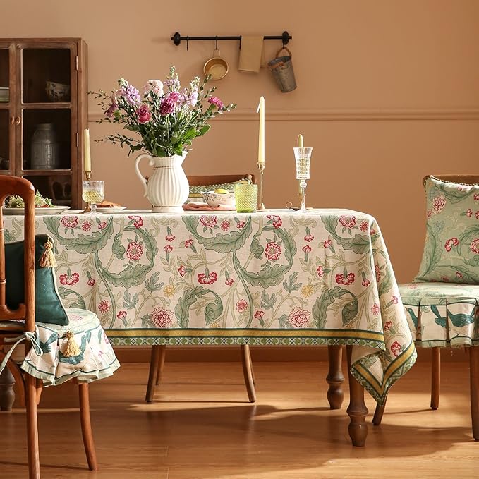 patdrea Designer Green Extra Long Table Cloth for Rectangle Table,Vintage Linen Leaves Pattern Tablecloth,Floral Cover Decor for Kitchen Dining Christmas,Thanksgiving,Tea Party,63"x110"-Cecilia a
