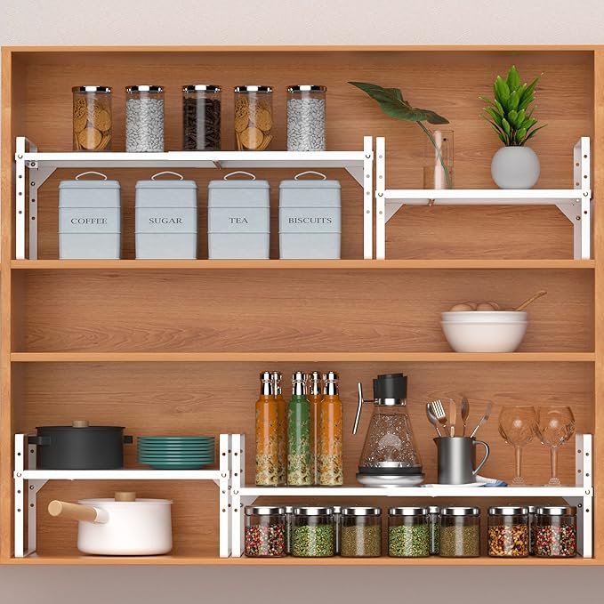 Expandable Counter Shelf, Adjustable Height Spice Rack Metal Mesh Board Shelf Organization for Kitchen Pantry Bathroom Office -White
