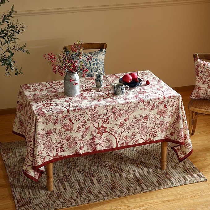 ISAENNE Designer French Linen Small Square Tablecloth,Red Floral Washable Indoor Table Cloth,Durable Home Decor Tablecloths for Dining Thanksgiving Kitchen Tea Party Christmas,55"*55"-Ruyi A