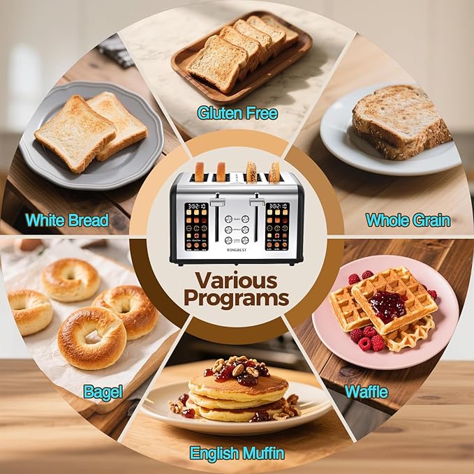 4 Slice Touch Screen Toaster, Stainless Steel Toaster with Wide Slots for Bagels and Bread, Reheat/Defrost/Cancel Functions, Removable Crumb Tray, Matt Black