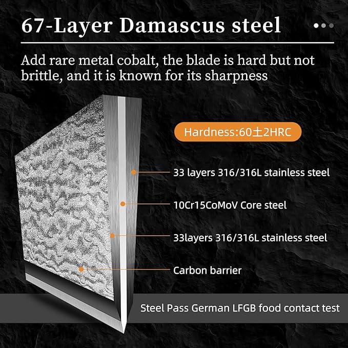 NANFANG BROTHERS® Kitchen Knife Set with Magnetic Knife Holder, 6-Piece Damascus Steel Knives & Acacia Wood magnetic Block - Includes Chef, santoku, Bread, Small Santoku, Fruit Knives