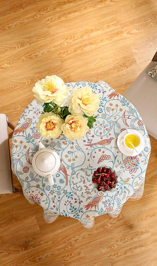 patdrea Designer Vintage Tablecloth for Round Table,Yellow Linen Floral Birds Tablecloths,Decorative Table Cover for Kitchen Dining Holiday Banquet,Christmas,Thanksgiving,Diameter 55"-Magnolia