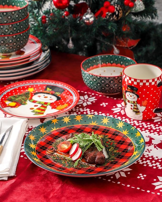 Hasense Christmas Dinnerware Set of 4, Ceramic Plates and Bowls Sets with Mugs, 16 Pieces Chip & Scratch Resistant Party Serving Dishes for Holiday Gift, Microwave and Dishwasher Safe