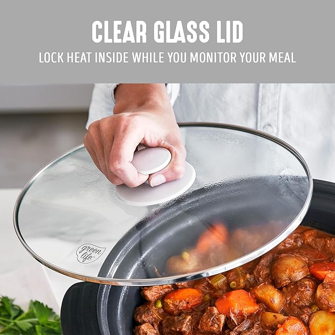 GreenLife 8QT Slow Cooker, Non-Toxic PFAS-Free Ceramic Nonstick Removable Interior Bowl, Programmable, Family Friendly, Keep Warm, Stovetop & Oven Safe, Dishwasher Safe Parts, Timer, Glass Lid, White