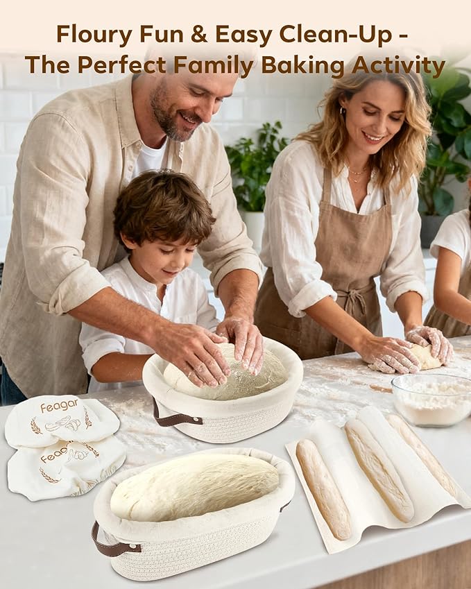Feagar Banneton Bread Proofing Basket Set - 2 Pack Oval Cotton Rope Bread Basket with Liners, Covers & Proofing Cloth for Artisan Bread Baking, Sourdough Bread Baking Supplies