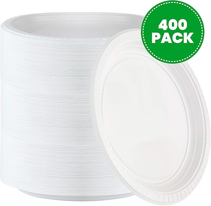 Plasticpro 9 inch Round Plastic Plates Microwaveable, Disposable, White, Dinnerware 400 Count