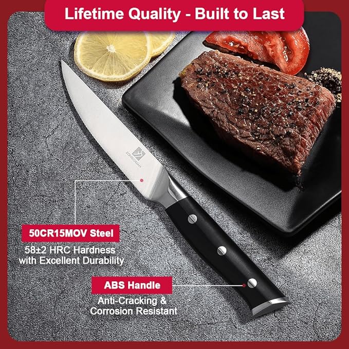 Steak Knives,4.5 Inch Steak Knife Set of 4,Micro-Cutting Point Serrated Edge,Razor Sharp Kitchen Knife,50CR15MOV Stainless Steel,Dishwasher Safe,Ergonomic Handle And Full Tang Design With Gift Box