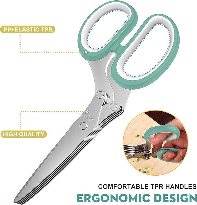 Updated 2025 Herb Scissors Set - Cool Kitchen Gadgets for Cutting Fresh Garden Herbs - Herb Cutter Shears with 5 Blades and Cover, Sharp and Anti-rust Stainless Steel, Dishwasher Safe (Blue-White)