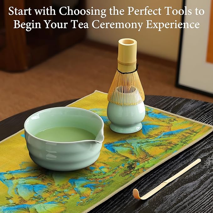 9 Pcs Matcha Whisk Set 18OZ Japanese Matcha Tea Set Includes Matcha Bowl with Spout,Cups,Bamboo Whisk,Ceramic Chasen Holder,Tea Towel, Bamboo Scoop and Sifter Matcha Kit Gift for Ceremony Christmas