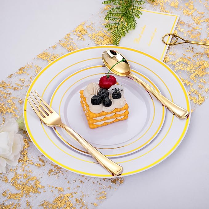 bUCLA 600PCS Gold Plastic Spoons and Forks Set - Plastic Forks and Spoons Disposable - Heavy Duty Gold Silverware Set Party Supplies Include 300 Forks and 300 Spoons for Party&Wedding