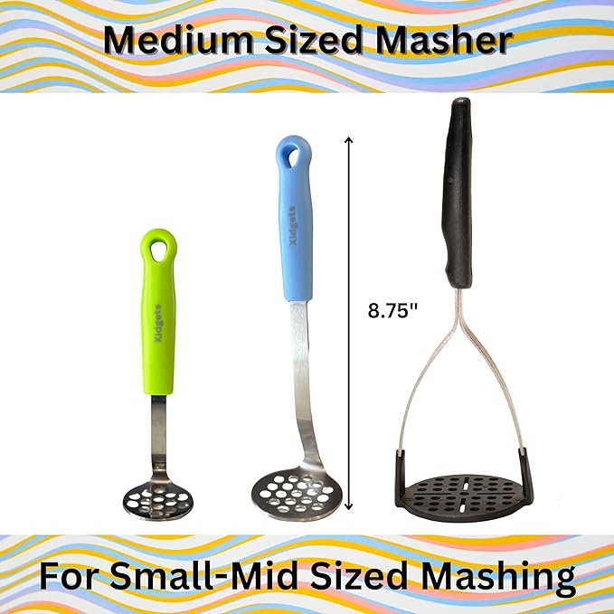 Medium Small Potato masher Egg & Avocado Masher. Sturdy design, comfortable grip, Dishwasher Safe. Stainless steel, lightweight kitchen essential. (Sky Blue)