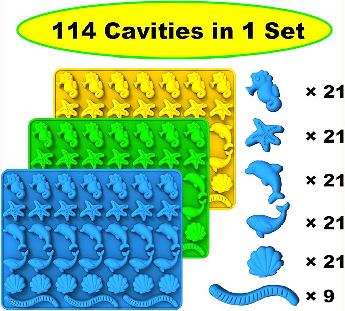 KRLIFCSL Mini Gummy Ocean Animals Silicone Candy Molds Including Hippocampus, Starfishs, Dolphins, Whales, Shells, Worms, for Making Gummies, Chocolates, Vitamin Candy, Pack of 3. (Mini Sea Animal)