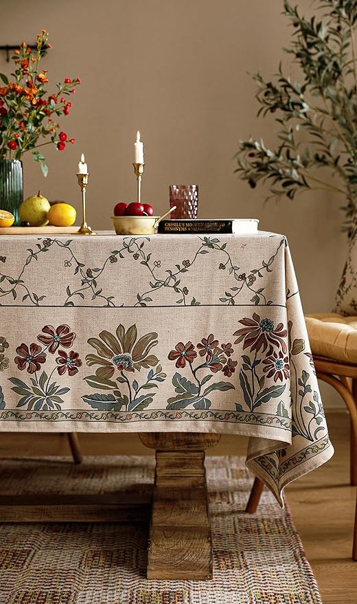patdrea Designer Linen French Tablecloth for Rectangle Table,Fall Country Breathable Floral Tablecloths,Table Cover for Kitchen Dining,Tea Party,Christmas,Thanksgiving,55"x79"-Oliveirad