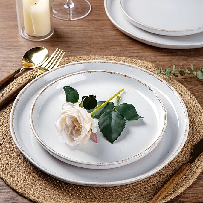 AmorArc Ceramic Dinnerware Sets with Pasta Bowls for 4, Handpainted Plates and Bowls Set with Rustic Terracotta Underside, Scratch Resistant Dishes Set, Dishwasher & Microwave Safe, 16 Pcs-White