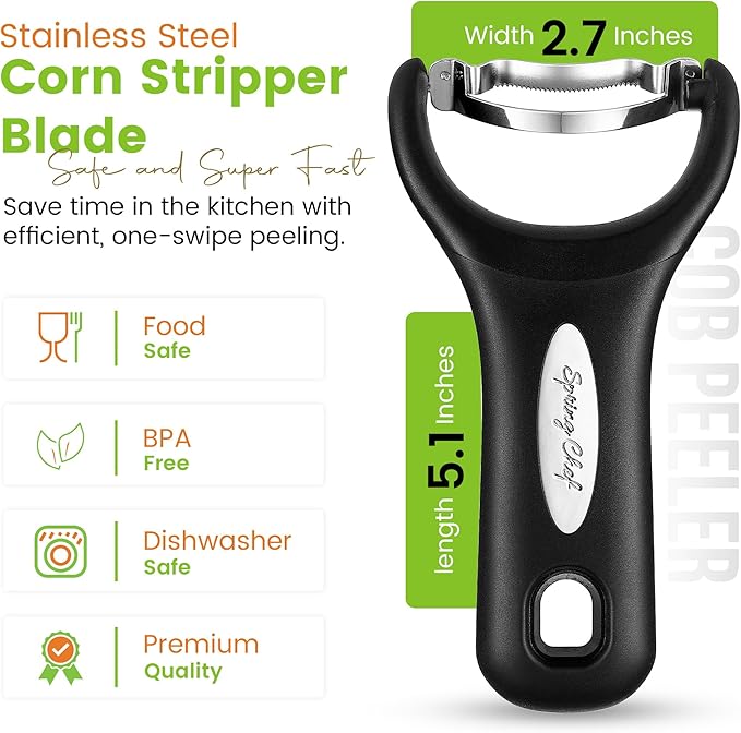 Spring Chef Stainless Steel Corn Peeler – Corn on the Cob Stripper Tool – Durable & Efficient Kernel Remover Tool – Easy to Use Kernel Cutter - Dishwasher Safe Kitchen Gadget - Set of 2 - Black