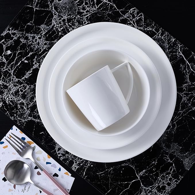 Stone Lain Madeline Bone China 16 Piece Dinnerware, Plates and Bowls Sets for 4, White Dish Collection with Mugs, Modern Edge, Microwave & Dishwasher Safe