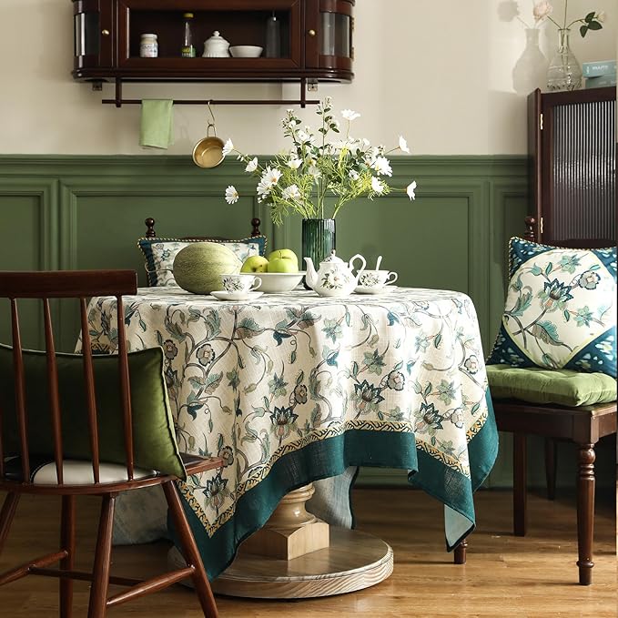 patdrea Designer Green Linen Table Cloth for Rectangle Table,Vintage Floral Pattern Durable Tablecloth,French Cover Decor for Kitchen Dining,Christmas,Thanksgiving,Tea Party,55"x79"-Noah