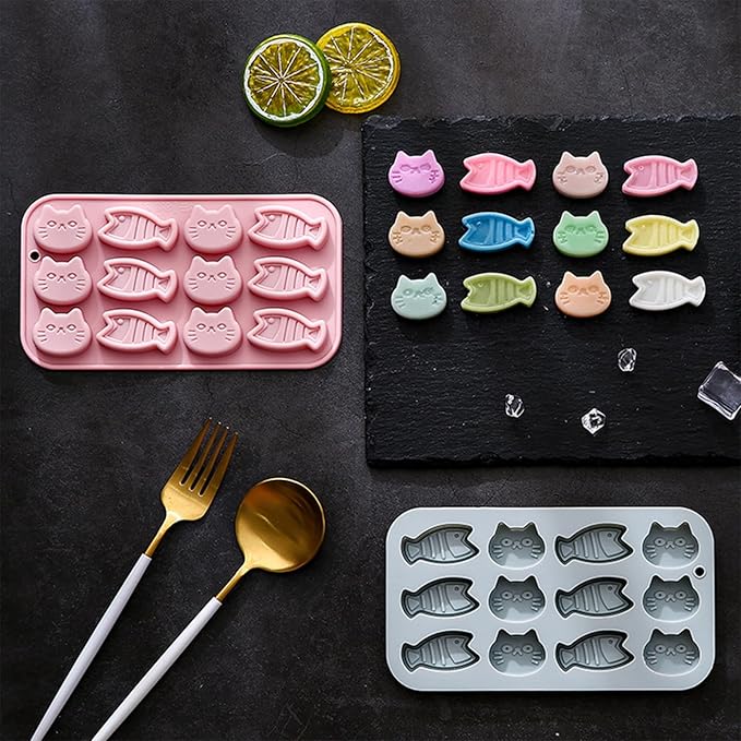 2PCS Chocolate Silicone Molds, 12 Cavity Cartoon Cat Mold Cat Treat Molds, Mini Fish Shape Silicone Mold Animals Candy Mold for Sugar, Candy, Chocolate