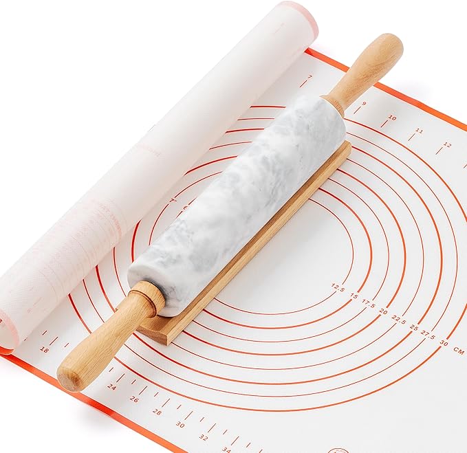 WORHE Marble Rolling Pin with Non-Stick Silicone Mat & Wood Base, 16.9-Inch Heavy Weight Dough Roller for Pizza Crust, Cookies, Pasta, Fondant, Pastry Polished Non-Stick Surface White (WH076)