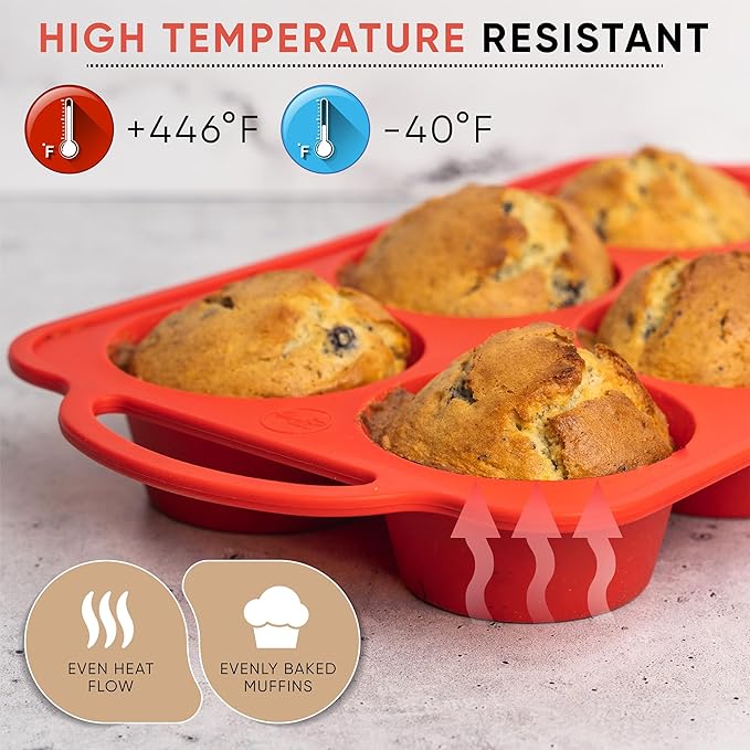 Regular Size 6 Cup Silicone Muffin Pans for Baking - Non-Stick Silicone Cupcake Pans, Easy-Release, Metal Handles, BPA-Free, Dishwasher & Oven Safe, Even Baking Muffin Tray