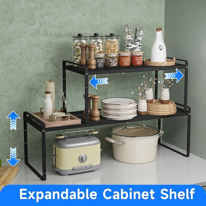Expandable Kitchen Shelf Organizers, Kitchen Cabinet Organizer Stand Rack Organization for Countertop Office Desktop, Black 2 Pack