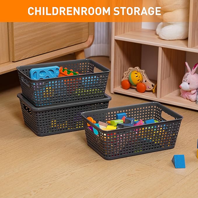 Plastic Storage Baskets With Lid, Storage Bins for Organizing, Stackable Decorative Containers for Shelves Drawers Desktop Closet Playroom Classroom Office, 6 Pack-Grey