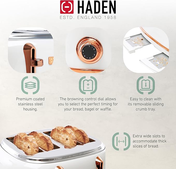 Haden Heritage 4 Slice Wide Slot Stainless Steel Toaster Bundled with 12 Cup Programmable Drip Coffee Maker Coffee Machine, Ivory & Copper