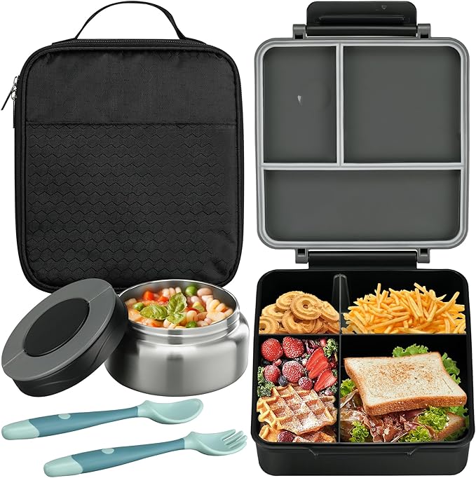 Bento Lunch Box for Kids with 8oz Soup Thermo&Lunch Bag, Leak-Proof Lunch Food Containers with 4 Compartment, Hot Food Insulated Food Jar for Kids School (Black)