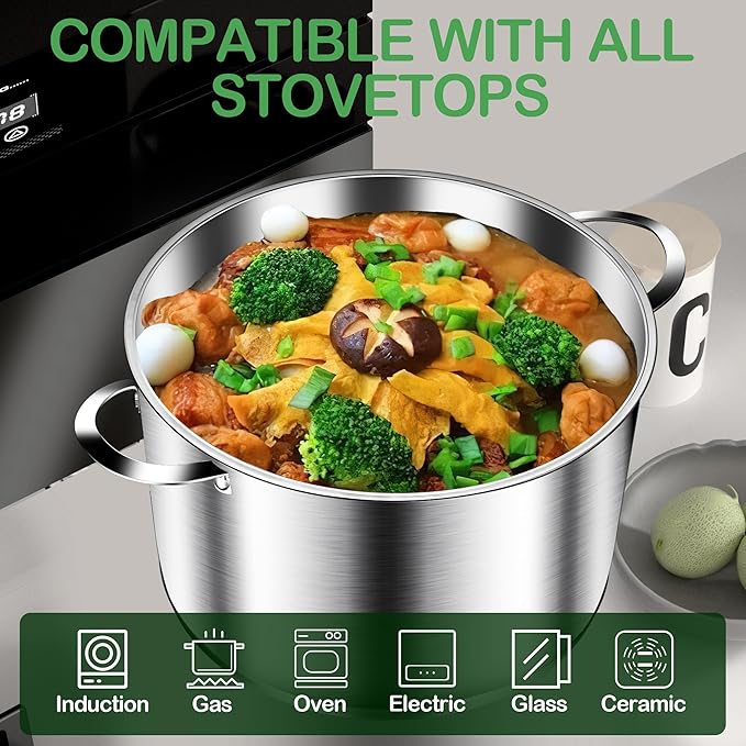 Cooking Pot, Stainless Steel Stock Pot, Soup Pot with Glass Lid, Induction Pots - 6.8 Quart