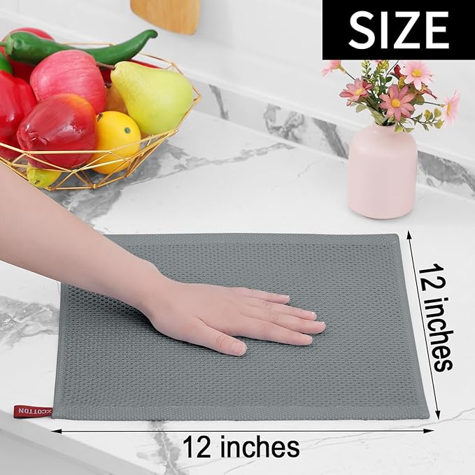 Homaxy 100% Cotton Waffle Weave Kitchen Dish Cloths, Ultra Soft Absorbent Quick Drying Dish Towels, 12 x 12 Inches, 8-Pack, Grey