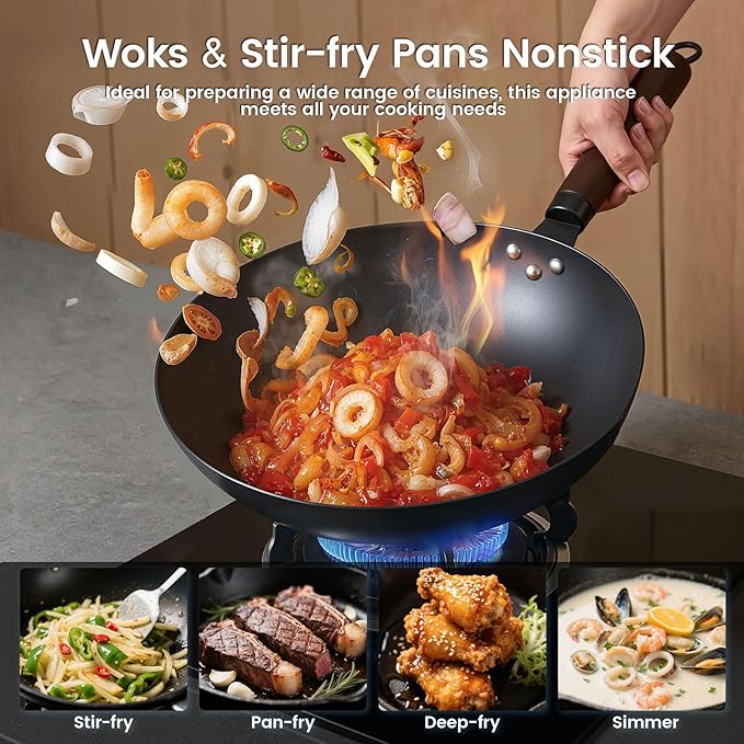Carbon Steel Wok, 13-Inch Chinese Round Bottom Wok with lid, Woks & Stir-Fry Pans Nonstick for Induction, Electric, Gas Stoves