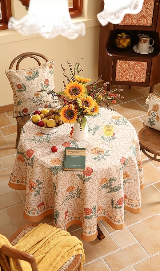 patdrea Designer French Linen Table Cloth for Round Table,Yellow Floral Pattern Durable Breathable Tablecloth,Fall Dacor for Kitchen Dining,Holiday Christmas,Thanksgiving,Diameter 67"-Cornflowers
