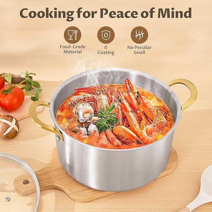 BEZIA 8 Quart Tri-Ply Stainless Steel Stock Pot with Lid, Soup Pot with Stainless Steel Handle, Exceptional Heat Distribution, Induction Cooking Pot for All Stoves, Silver
