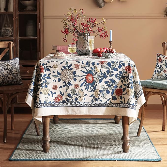 patdrea Designer Blue Tablecloth for Rectangle Table,Vintage Linen with Leaves and Floral Pattern Long Table Cloth,Farmhouse Decor Cover for Kitchen Dining Christmas,Thanksgiving,63"x94"-Ivar a