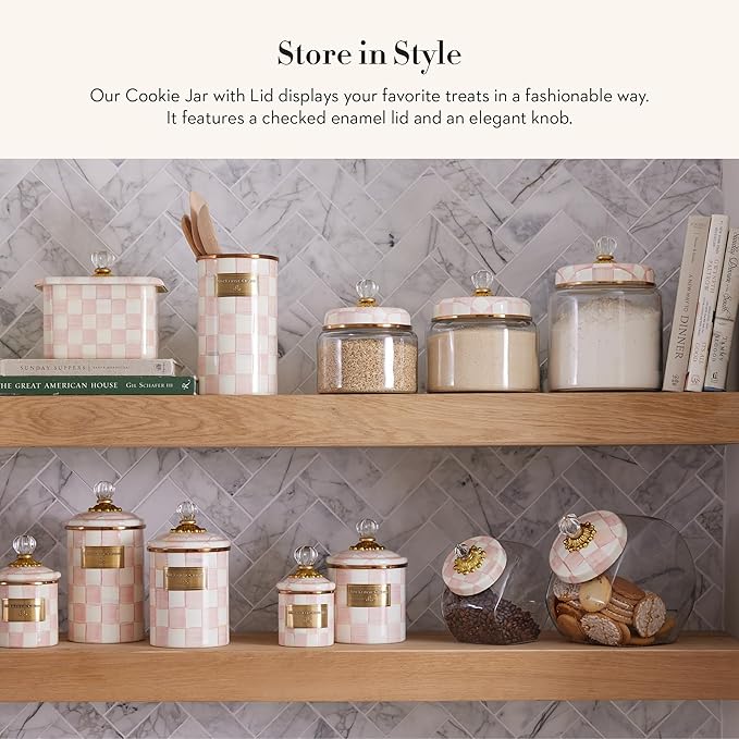 MACKENZIE-CHILDS Cookie Jar with Enamel Lid, Large Glass Treat Jar or Kitchen Jar, 1-Gallon Capacity, Pink-and-White Rosy Check