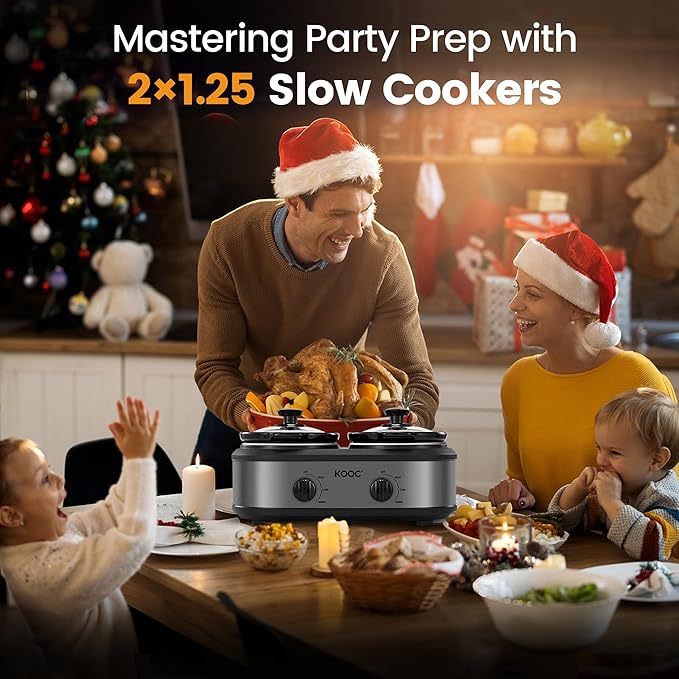 KOOC Double Small Slow Cooker, Buffet Server and Warmer, 2 Mini Pots with 3 Individual Adjustable Temp, Dual Ceramic Pots, Free Liners for Easy Clean-up, Stainless Steel, Total 2.5 Quart, Grey, Round
